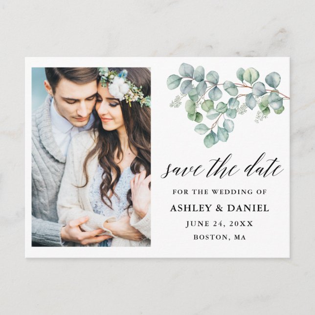 Kalligrafie-Eukalyptus-Blätter Save the Date Postkarte (Vorderseite)