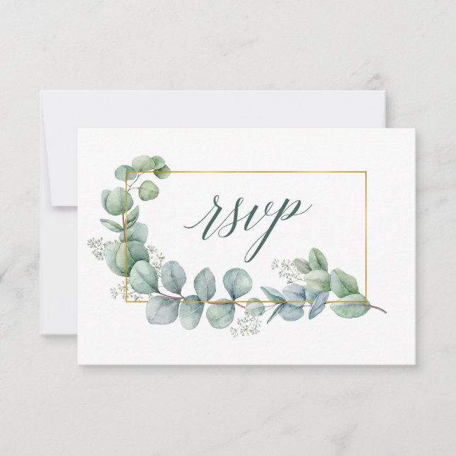 Kalligrafie Eukalyptus Green Wedding Gold Frame RSVP Karte (Vorderseite)