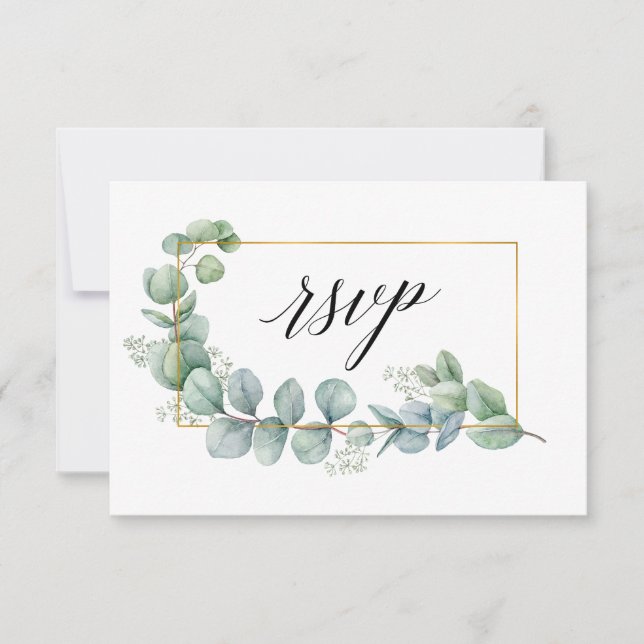Kalligrafie Eukalyptus Greenery Gold Frame Wedding RSVP Karte (Vorderseite)