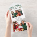 Kalligrafie Foto Green All in one Christmas Card All In One Einladung<br><div class="desc">Moderne Fun Calligraphie Script 2 Foto Frohe Weihnachten Alles in einer Karte beinhaltet Watercolor Christmas Holly Berries - Forest Green</div>
