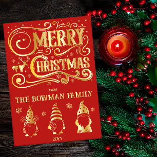 Kalligrafie Frohe Weihnachten Gnome Familien-Grußk Folien Feiertagskarte