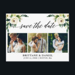 Kalligrafie Grünes Blumengebirge Save the Date 3 F Ankündigungspostkarte<br><div class="desc">Moderne Kalligraphie Script,  Watercolor Green White Floral,  Save the Date Verlobung Ankündigung Paar 3 Foto Postkarte</div>