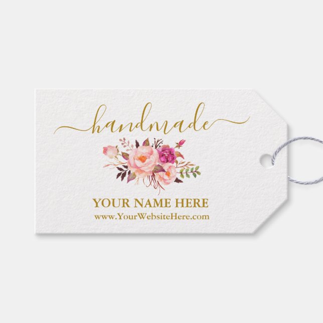 Kalligrafie Handmade Watercolor Pink Floral Gold Geschenkanhänger (Vorderseite (Horizontal))