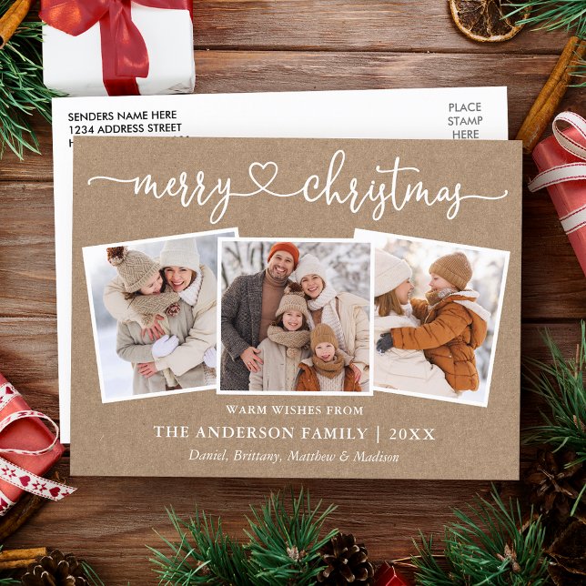 Kalligrafie Herz Christmas Kraft 3 Foto Postkarte (Customize to change your personalized text size or text style.)