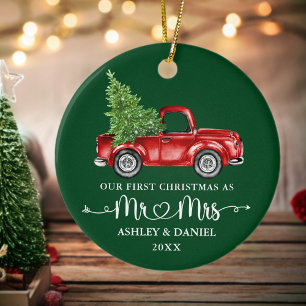 Kalligrafie Herz Erstes Weihnachten Roter LKW Grün Keramik Ornament