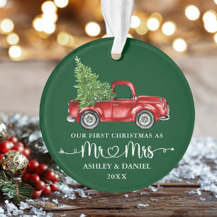 Kalligrafie Herz Erstes Weihnachten Roter LKW Grün Ornament
