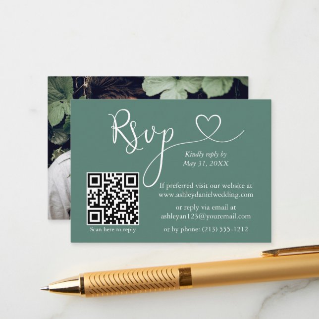 Kalligrafie Herz Eukalyptus Green Wedding QR UAWG Begleitkarte (Vorderseite/Rückseite Beispiel)