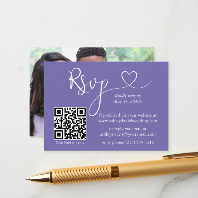 Kalligrafie Herz Foto Wedding Periwinkle QR UAWG Begleitkarte (Vorderseite/Rückseite Beispiel)