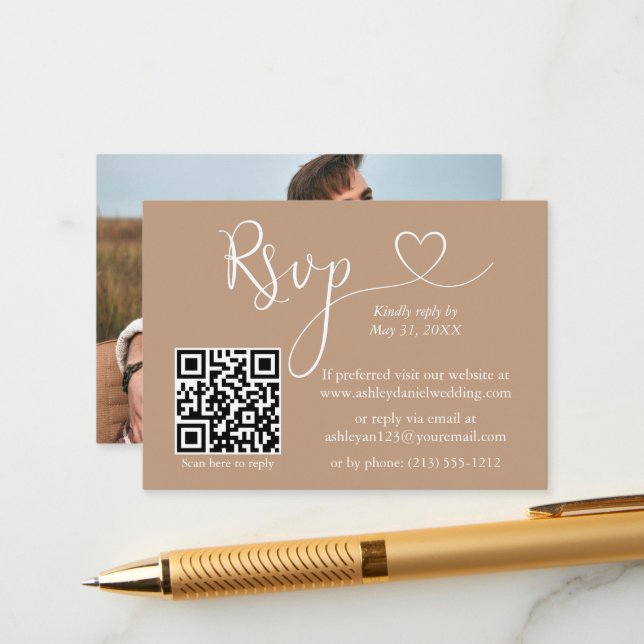 Kalligrafie Herz Foto Wedding Taupe QR UAWG Begleitkarte (Vorderseite/Rückseite Beispiel)