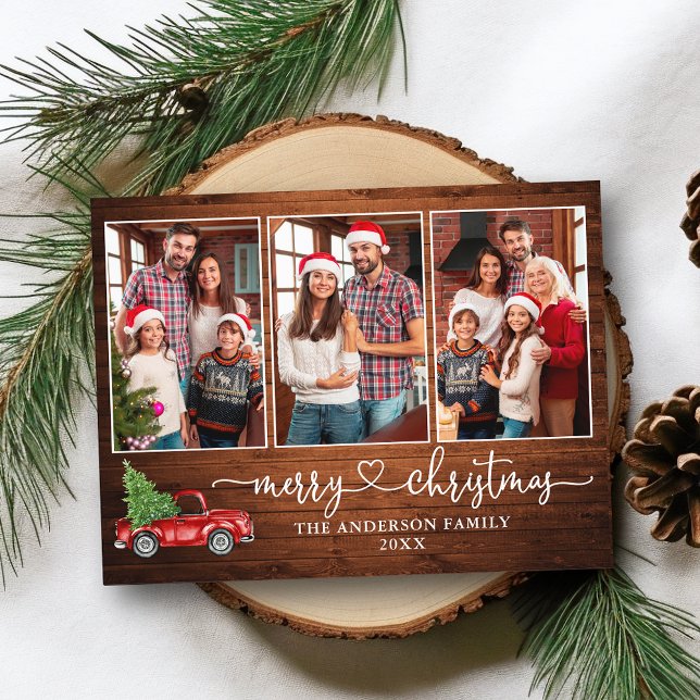 Kalligrafie Herz Holz 3 Foto Weihnachtswagen Postkarte (Customize to change your personalized text size or text style.)