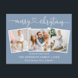 Kalligrafie Herz Weihnachten 3 Foto Dusty Blue Postkarte<br><div class="desc">Moderne Kalligraphie Herzensschrift Weihnachten 3 Foto Weihnachtskarte - Dusty Blue</div>