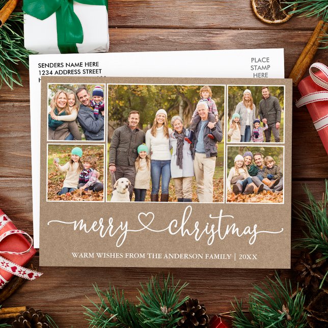 Kalligrafie Herz Weihnachten Kraft 5 Foto Urlaub Postkarte (Customize to change your personalized text size or text style.)