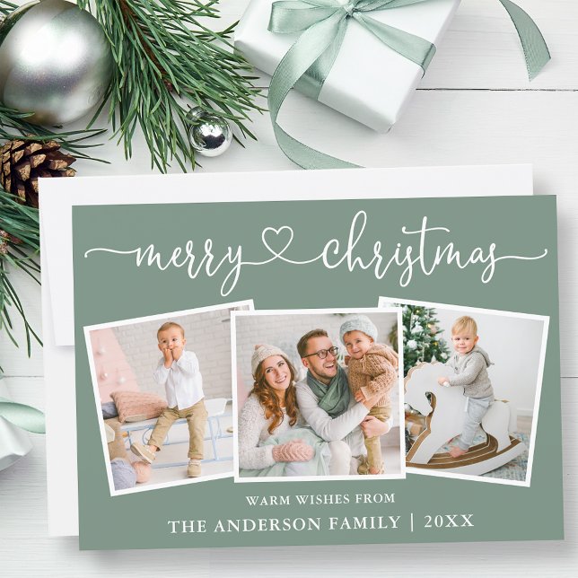 Kalligrafie Herzweihnachtsalter Grün 3 Foto Feiertagskarte (Customize to change your personalized text size or text style.)