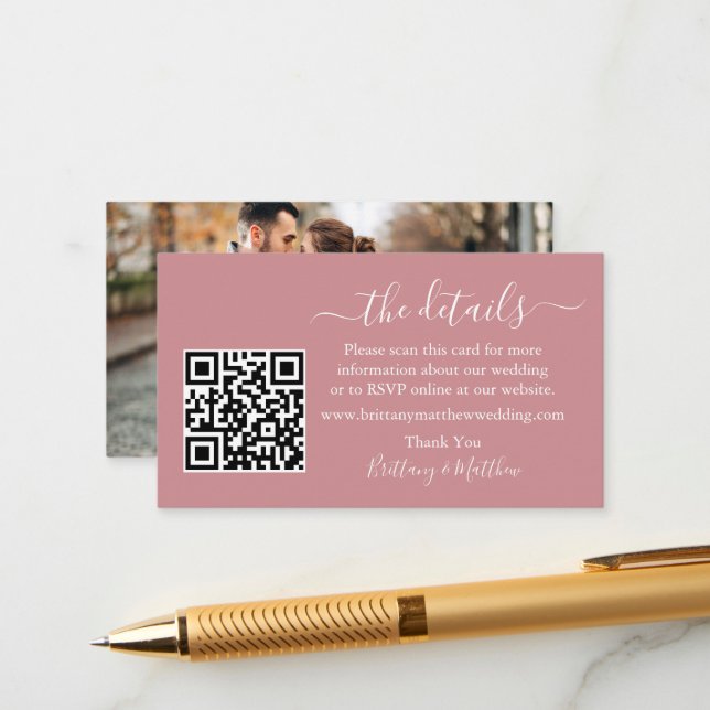 Kalligrafie Hochzeitdetails QR Foto Dusty Rose Begleitkarte (Vorderseite/Rückseite Beispiel)