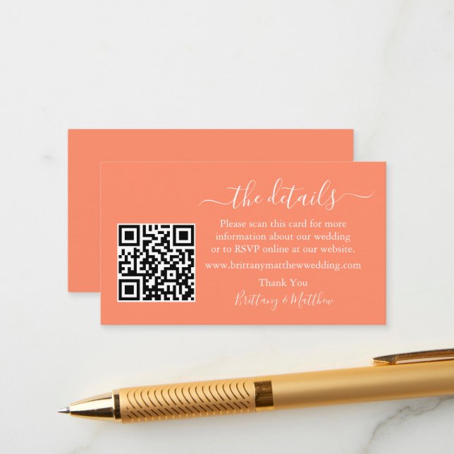Kalligrafie-Hochzeitdetails Website QR Coral Begleitkarte (Vorderseite/Rückseite Beispiel)