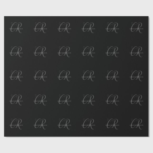 Kalligrafie Monogram Name Black Gray Custom Gift Geschenkpapier (Flach)