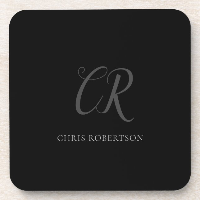 Kalligrafie Monogram Name Black Gray Custom Gift Getränkeuntersetzer (Vorderseite)