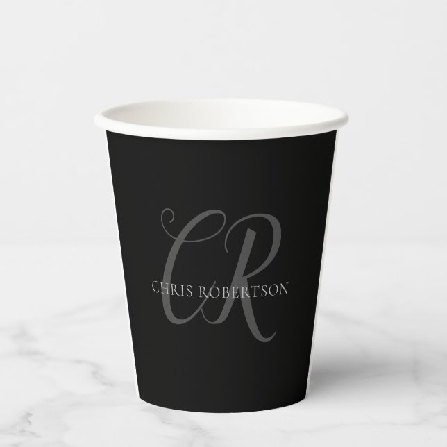 Kalligrafie Monogram Name Black Gray Custom Gift Pappbecher (Vorderseite)