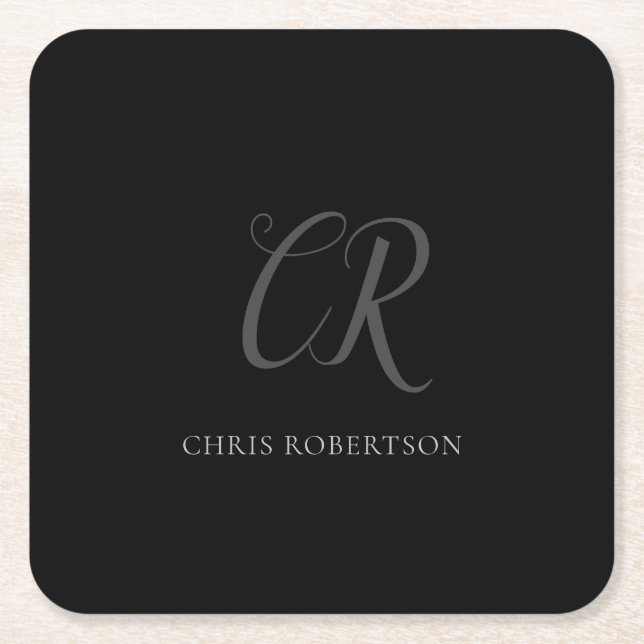 Kalligrafie Monogram Name Black Gray Custom Gift Rechteckiger Pappuntersetzer (Vorderseite)