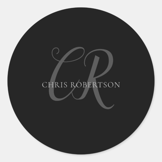 Kalligrafie Monogram Name Black Gray Custom Gift Runder Aufkleber (Vorderseite)