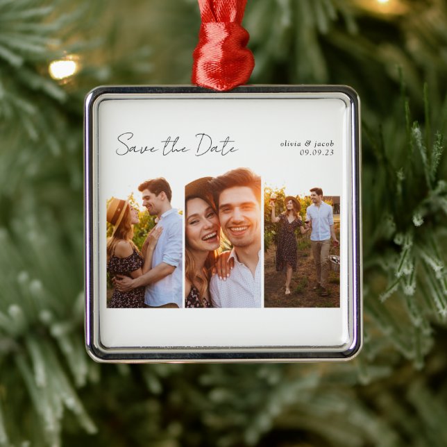 Kalligrafie-Multi-Foto Save the Date Ornament Aus Metall (Baum)
