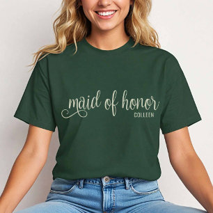 Kalligrafie Natural auf der waldgrünen Trauzeugin T-Shirt