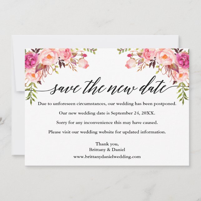 Kalligrafie Pink Floral Rettete die neue Datumskar Save The Date (Vorderseite)