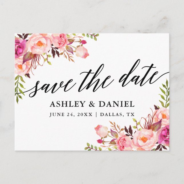 Kalligrafie Pink Floral Save the Date Postkarte (Vorderseite)