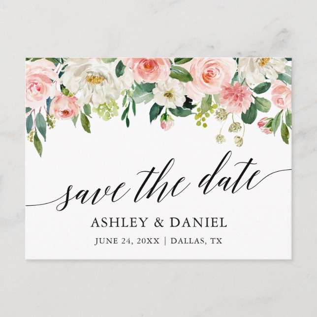 Kalligrafie Pink White Floral Save the Date Postkarte (Vorderseite)