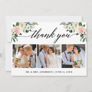 Kalligrafie Pink White Floral Wedding 3 Foto Dankeskarte