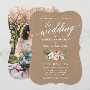 Kalligrafie Pink White Floral Wedding Kraft Foto Einladung