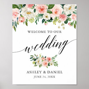 Kalligrafie Pink White Floral Wedding Willkommen Poster