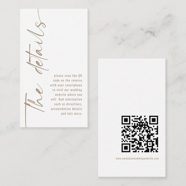 Kalligrafie QR Code Champagne Gold Wedding Details Begleitkarte (Vorne/Hinten)