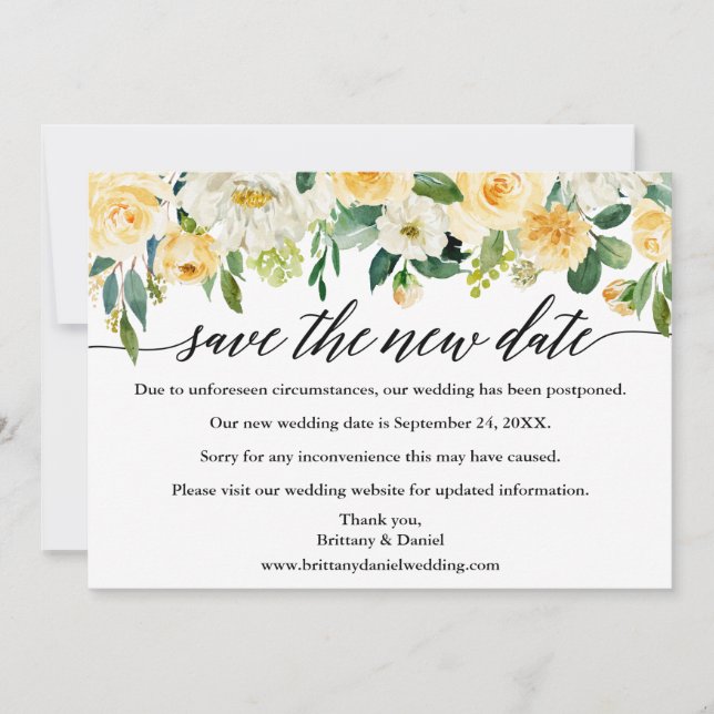 Kalligrafie Rette die neue Date Yellow Floral Card Save The Date (Vorderseite)