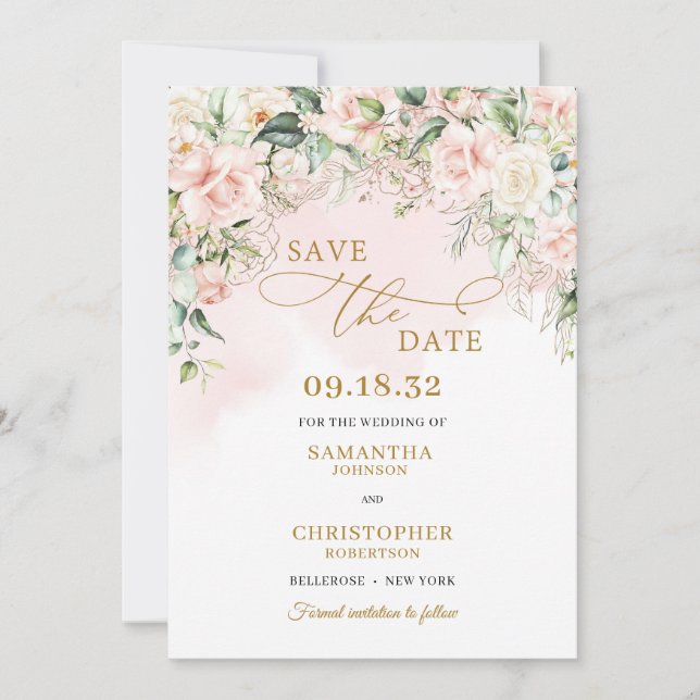 Kalligrafie Rosa Roses Eukalyptus Gold Save The Date (Vorderseite)