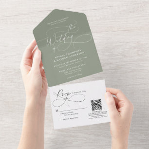 Kalligrafie Sage Green QR Code All-in-One-Hochzeit All In One Einladung