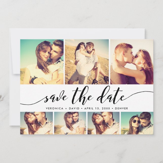 Kalligrafie Save the Date 7 Foto Grid Collage (Vorderseite)