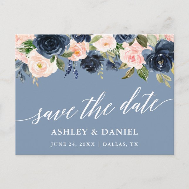 Kalligrafie Save the Date Dusty Blue Pink Postkarte (Vorderseite)