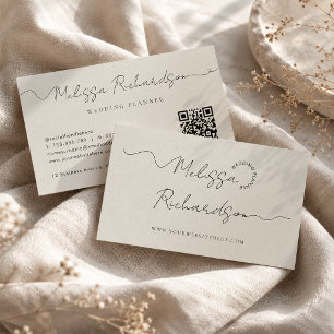 Kalligrafie-Schrift neutrales Taupe-QR-Code Visitenkarte