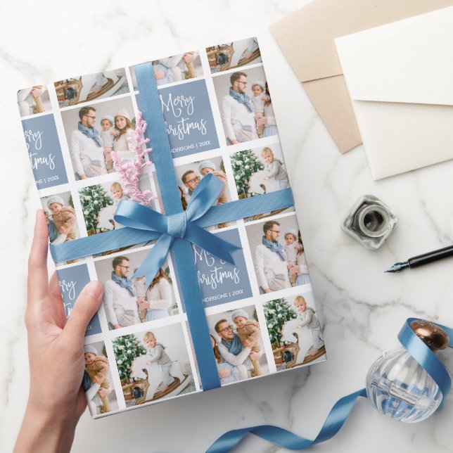 Kalligrafie Script Christmas 3 Foto Dusty Blue Geschenkpapier (Schenken)