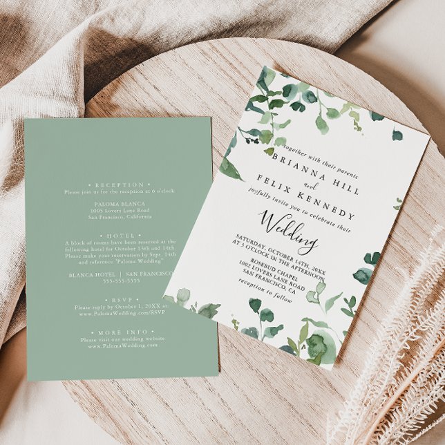 Kalligrafie Script Foliage Front & Back Wedding Einladung (Von Creator hochgeladen)
