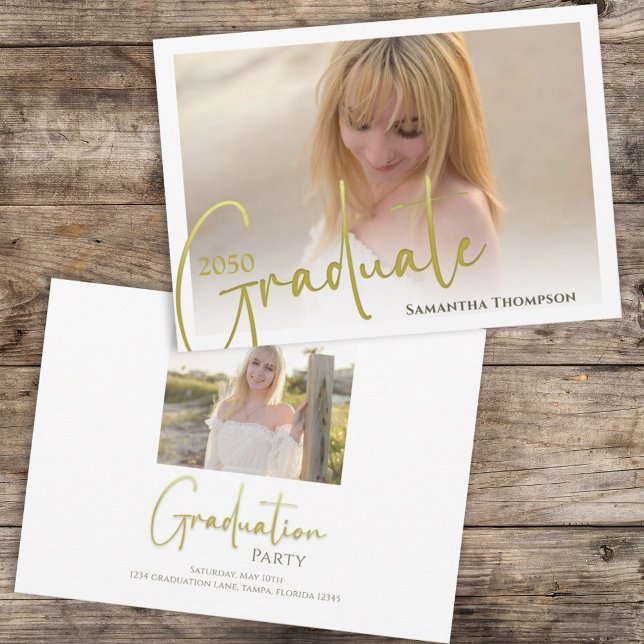 Kalligrafie Script Gold Minimalistisch zwei Fotos Einladung (Von Creator hochgeladen)