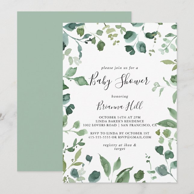 Kalligrafie Script Green Foliage Baby Shower Einladung (Vorne/Hinten)