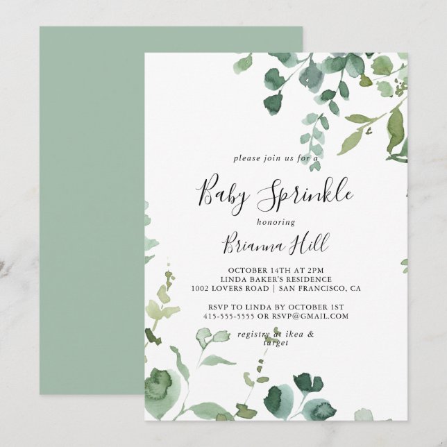 Kalligrafie Script Green Foliage Baby Sprinkle Einladung (Vorne/Hinten)