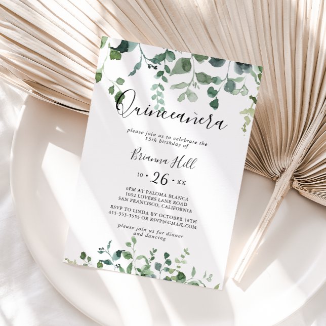 Kalligrafie Script Green Foliage Quinceañera Einladung (Von Creator hochgeladen)