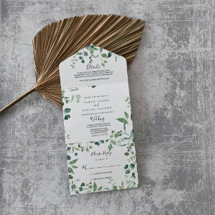 Kalligrafie Script Green Foliage Wedding All In One Einladung