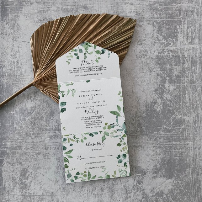Kalligrafie Script Green Foliage Wedding All In One Einladung (Von Creator hochgeladen)