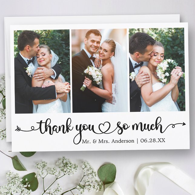 Kalligrafie Script Heart 3 Foto Wedding Dankeskarte (Customize to change your personalized text size or text style.)
