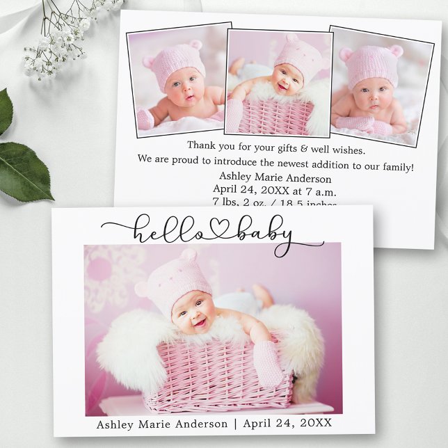 Kalligrafie Script Herz 4 Foto Hello Baby Ankündigung (Customize to change your personalized text size or text style.)