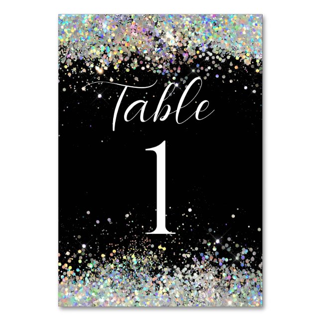 Kalligrafie Script Holographic Glitzer Black Tischnummer (Vorderseite)